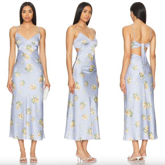 Bardot | Malinda Slip Dress in Baby Blue Floral Satin Open Back Midi 2 - Picture 1 of 14